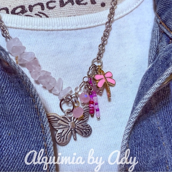 Silver Butterfly Charm Necklace with Pink quartz Accents - Picture 2 of 3